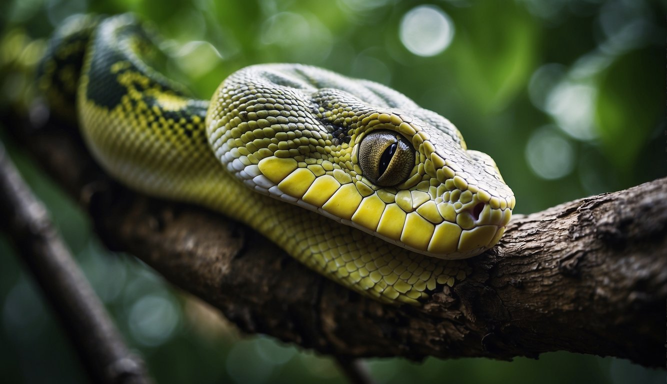 A green tree python lies coiled on a branch, eyes fixed on its prey below.

It strikes with lightning speed, wrapping around the unsuspecting victim in a deadly embrace