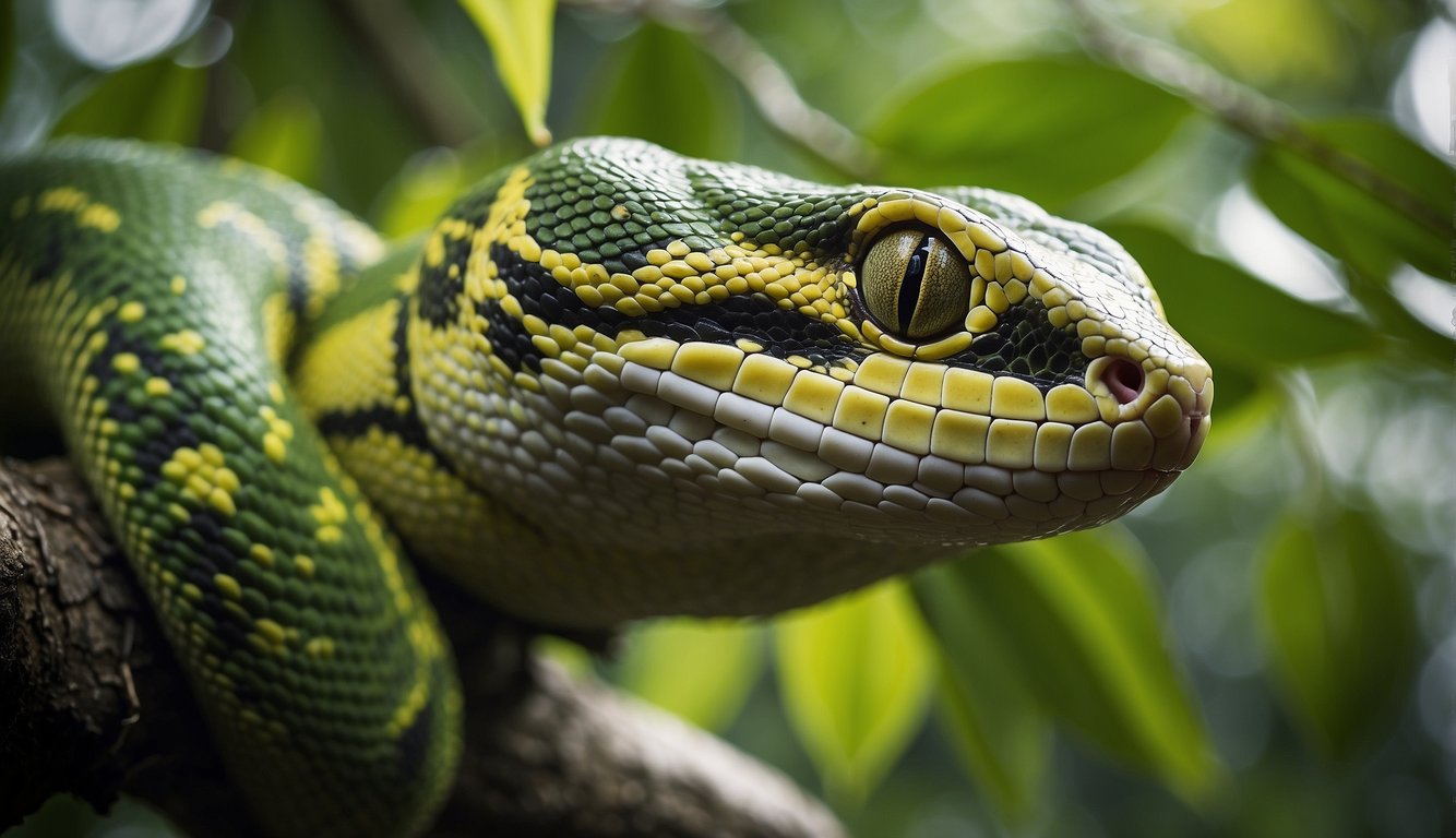 A green tree python coils around a tree branch, its body blending seamlessly with the foliage.

Its eyes fixate on unsuspecting prey below