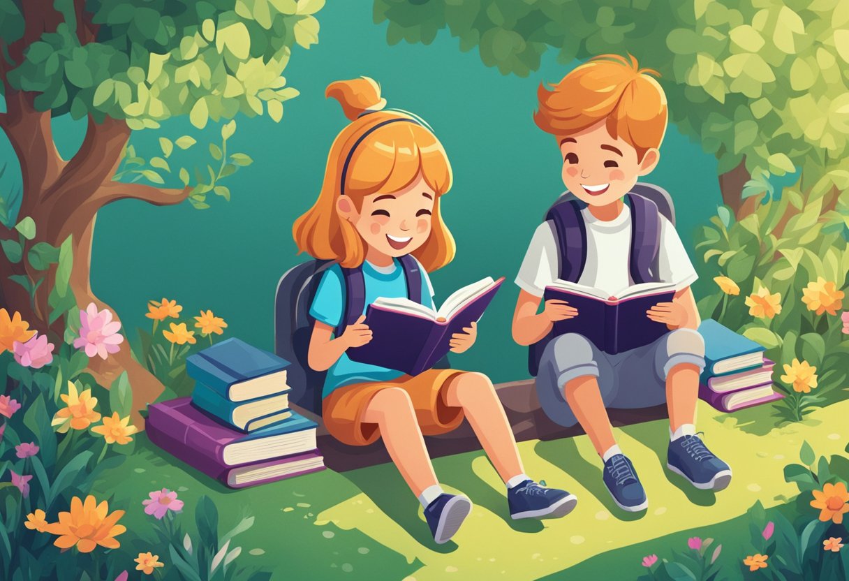 A boy and a girl sit side by side, sharing a book and smiling. Their eyes are filled with joy as they read and laugh together