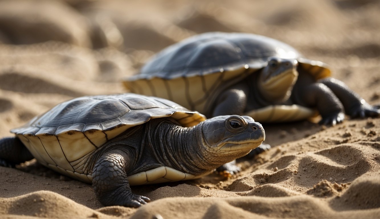 Two softshell turtles swiftly bury themselves in the sand