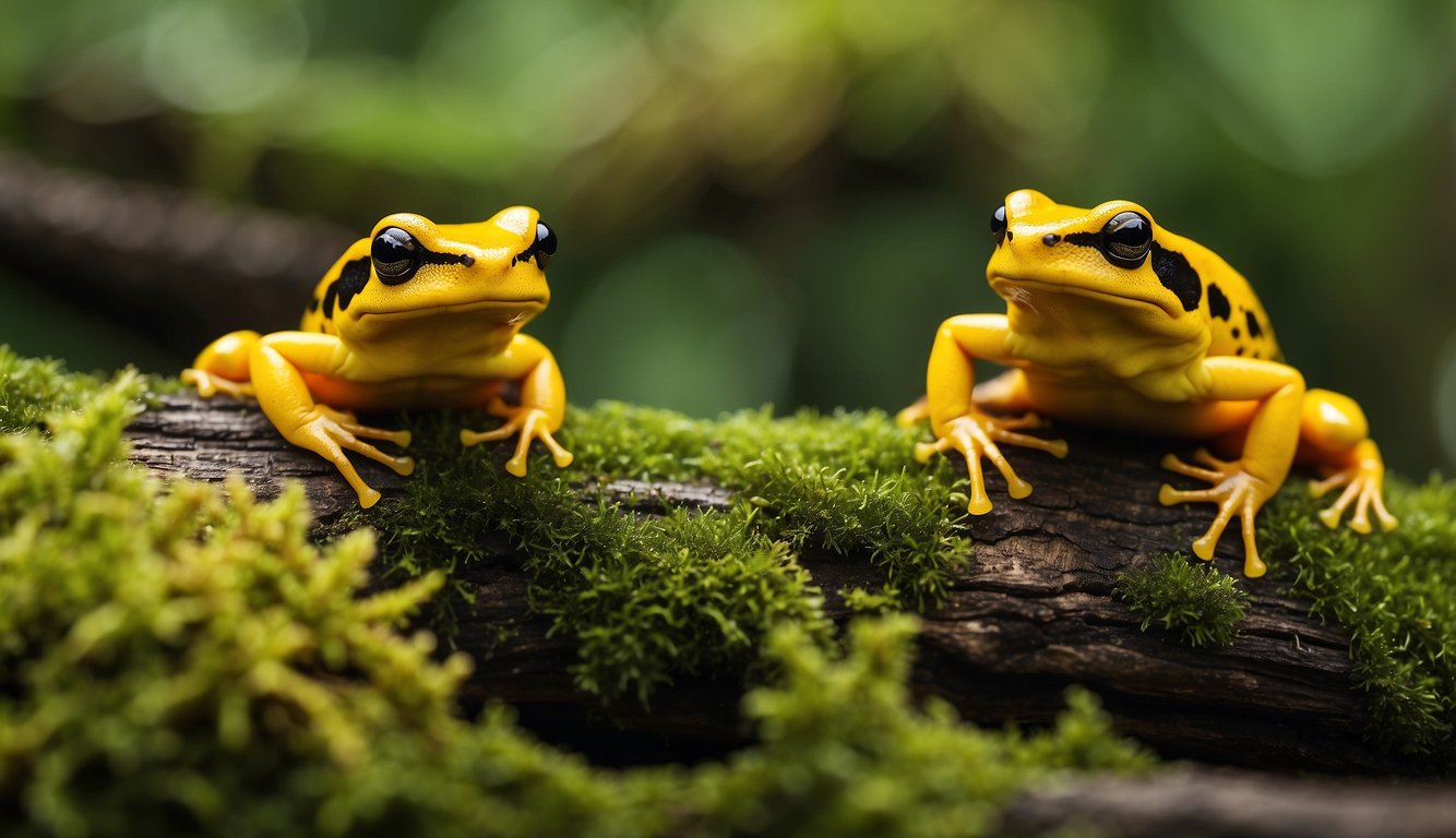 Two golden poison frogs sit on a mossy log, their vibrant yellow and black bodies contrasting against the lush green background