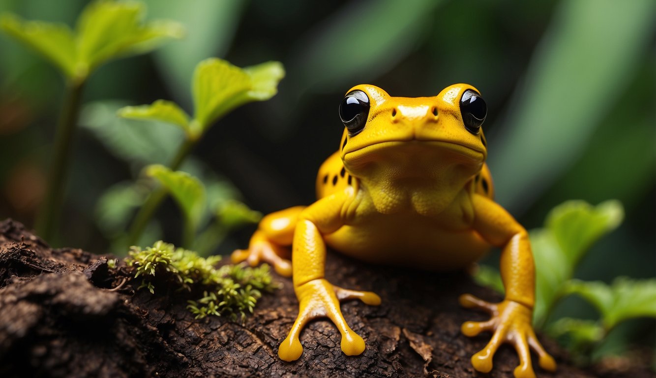 Golden Poison Frogs perched on vibrant leaves, emitting a warning of their toxic touch.

Wildlife and habitat destruction loom in the background