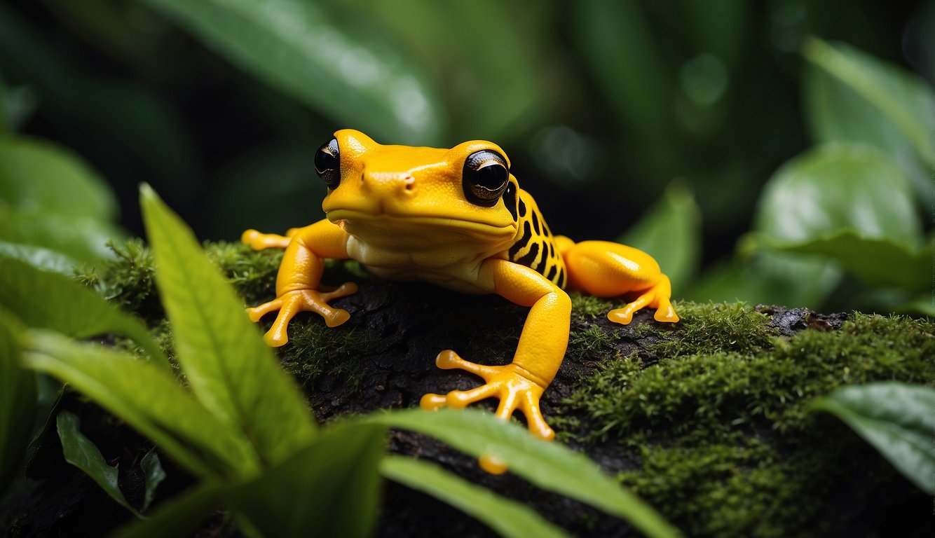 A pair of golden poison frogs stand out against the lush green foliage of the tropical rainforest.

Their vibrant yellow and black skin warns of their lethal touch