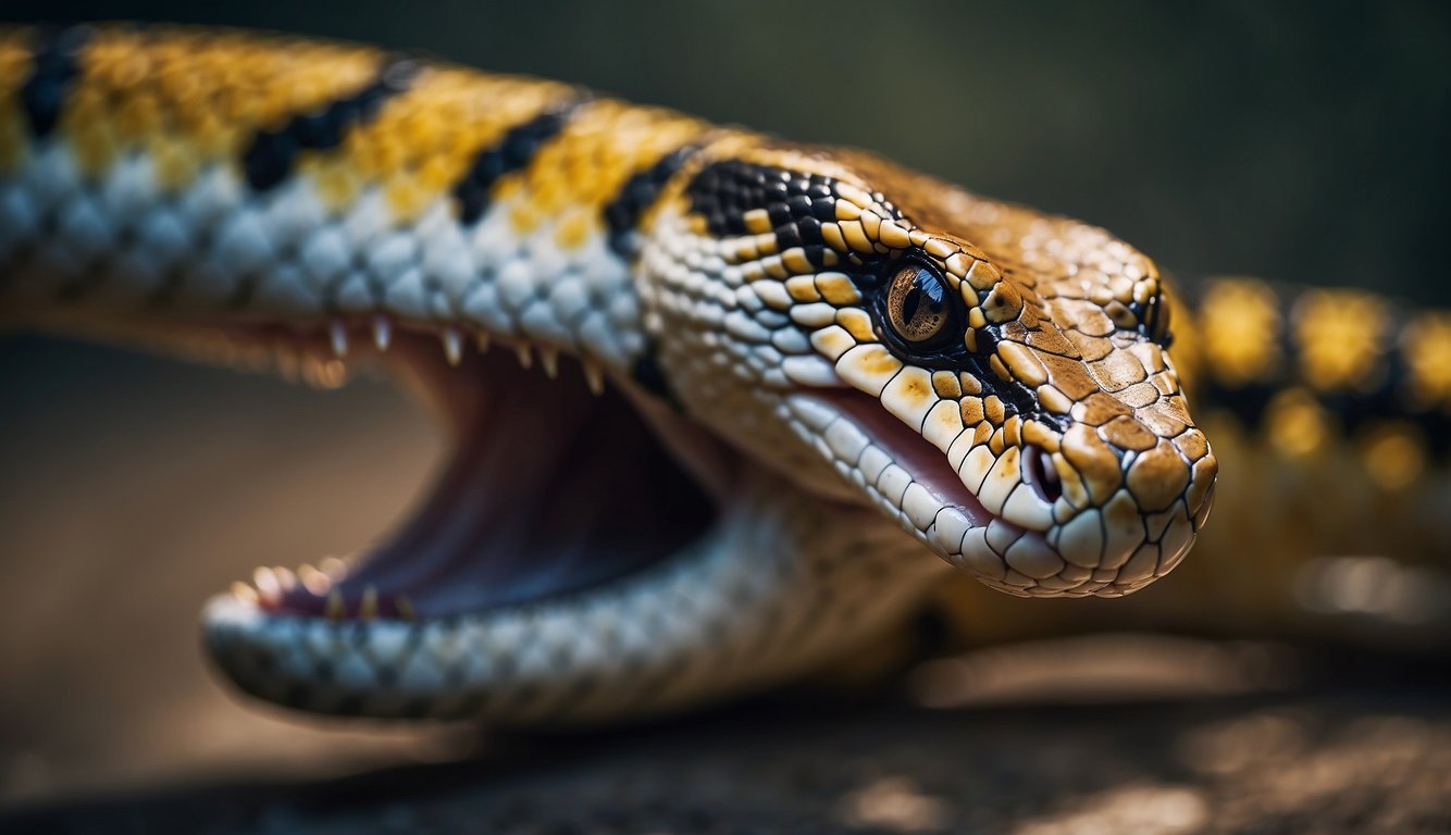 Gaboon vipers strike with precision, coiled muscles propelling their fangs towards unsuspecting prey in a swift and deadly attack