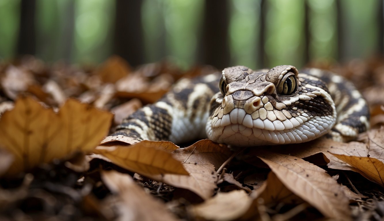 The Gaboon viper lies in wait, camouflaged amongst fallen leaves.

Its large, triangular head and massive fangs are poised to strike with deadly precision