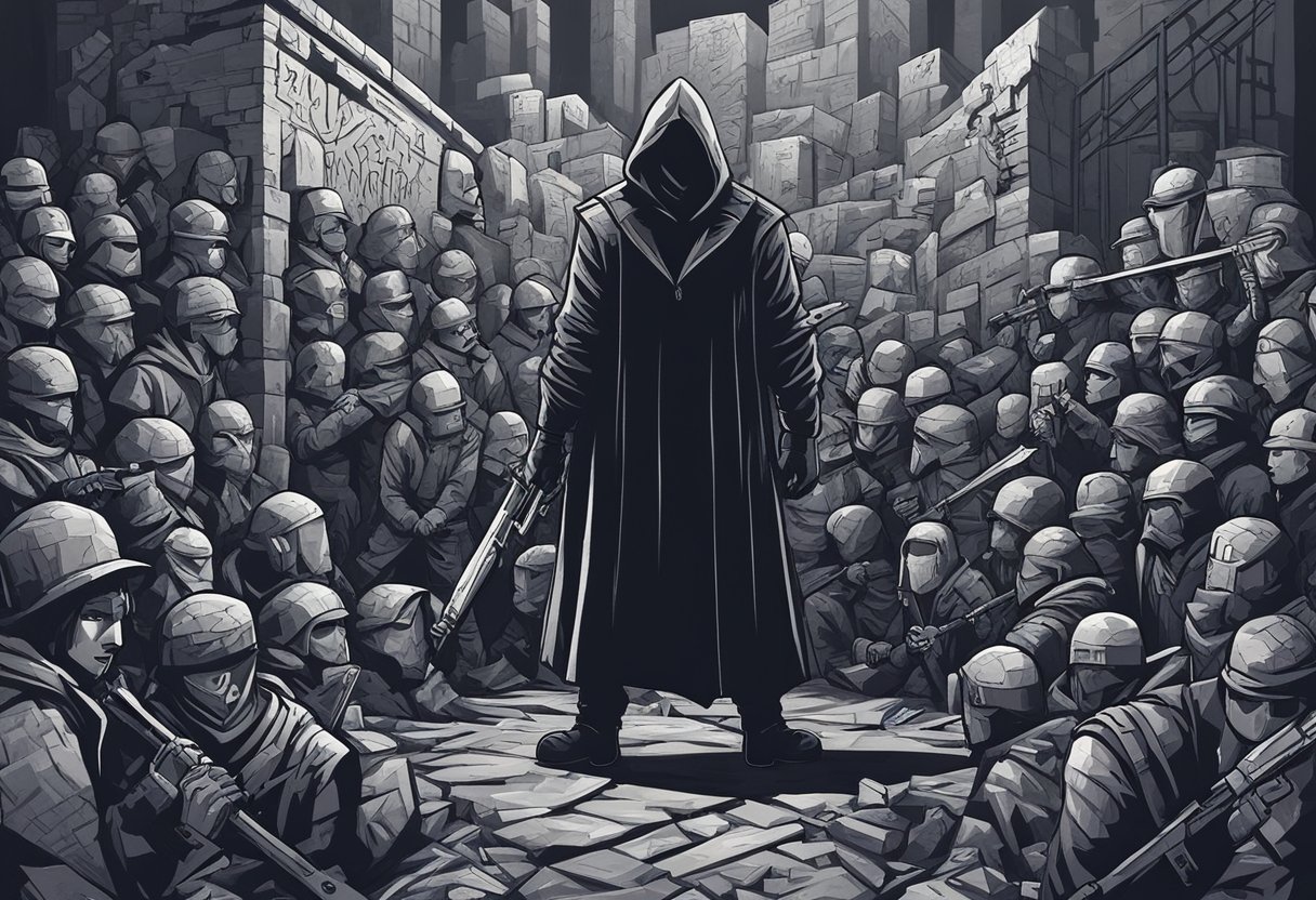 A dark figure stands in front of a wall covered in graffiti, holding a menacing weapon and surrounded by a group of intimidating henchmen