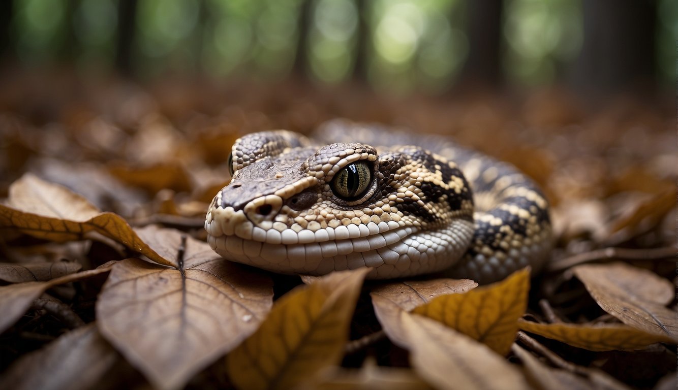 A Gaboon viper lies in wait, coiled and camouflaged among fallen leaves.

Its eyes fixate on unsuspecting prey, ready to strike with deadly precision
