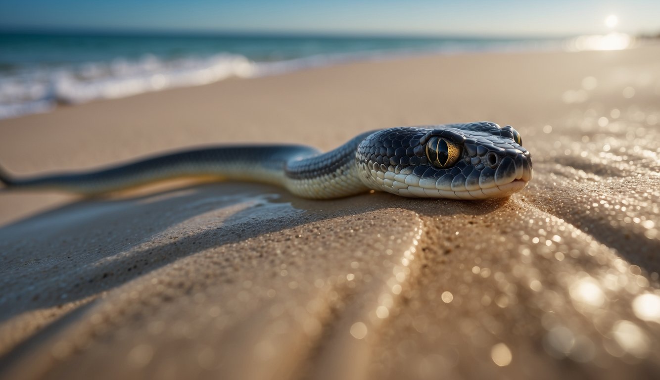 Sea kraits slither across sandy beach, then seamlessly transition into the crystal-clear waters, their sleek bodies gliding effortlessly through the ocean