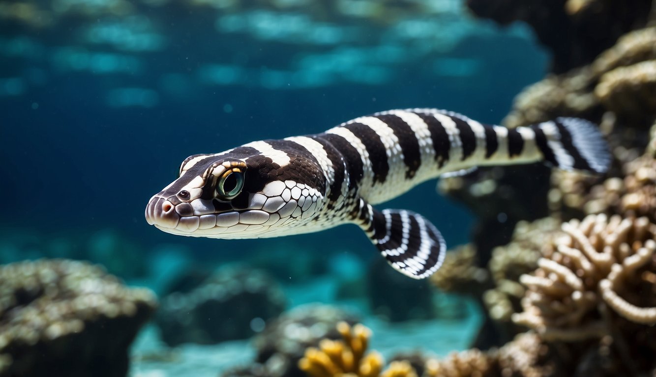 A sea krait swims gracefully through crystal-clear waters, its sleek, banded body gliding effortlessly among vibrant coral reefs, showcasing its distinctive features