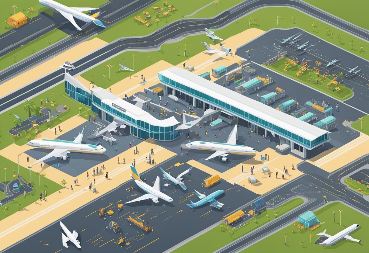 A busy airport terminal with people rushing, luggage carts rolling, and planes taking off and landing on the runway