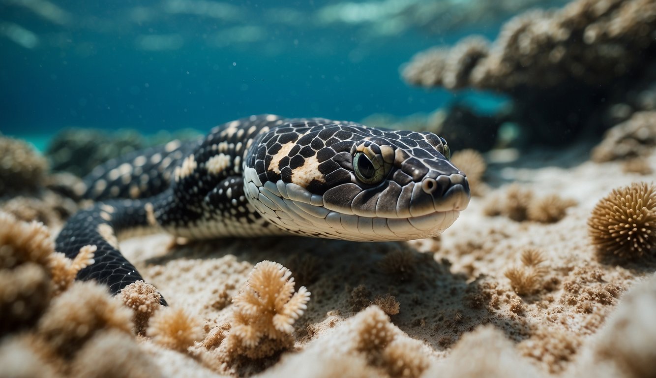 Sea kraits slither through coral reefs, hunting for fish.

They bask on warm sandy beaches, their sleek bodies blending with the turquoise waters