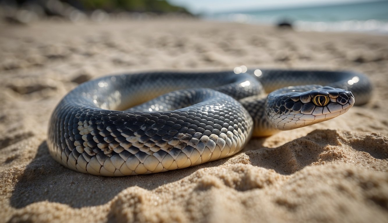 A sea krait slithers from the ocean onto a rocky shore, shedding its old skin as it prepares to lay eggs in the sand