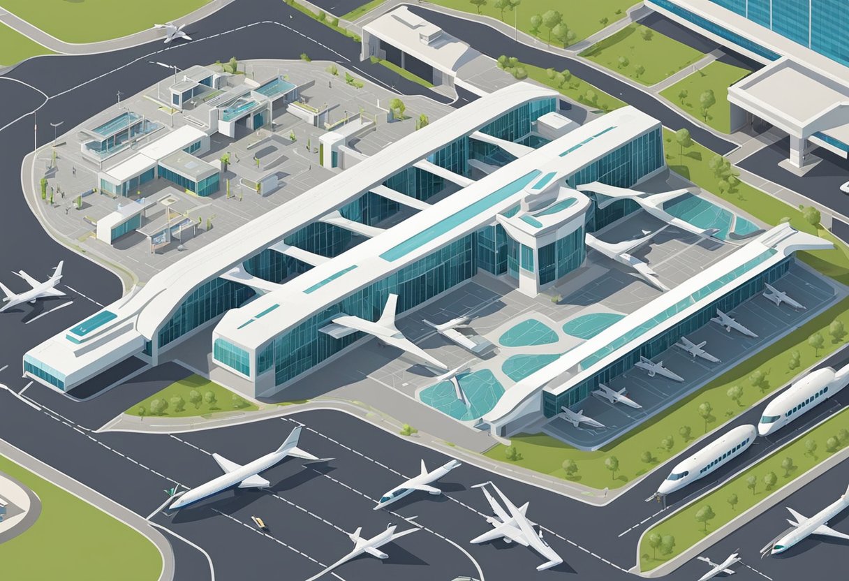 The bustling airport terminal, with its sleek modern design, features soaring ceilings, expansive windows, and a symphony of intersecting walkways and corridors
