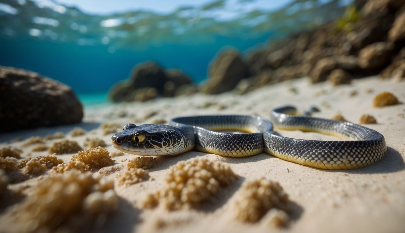 Sea kraits slithering on sandy beach, then gracefully gliding through crystal-clear waters.

Coral reefs and colorful fish in the background