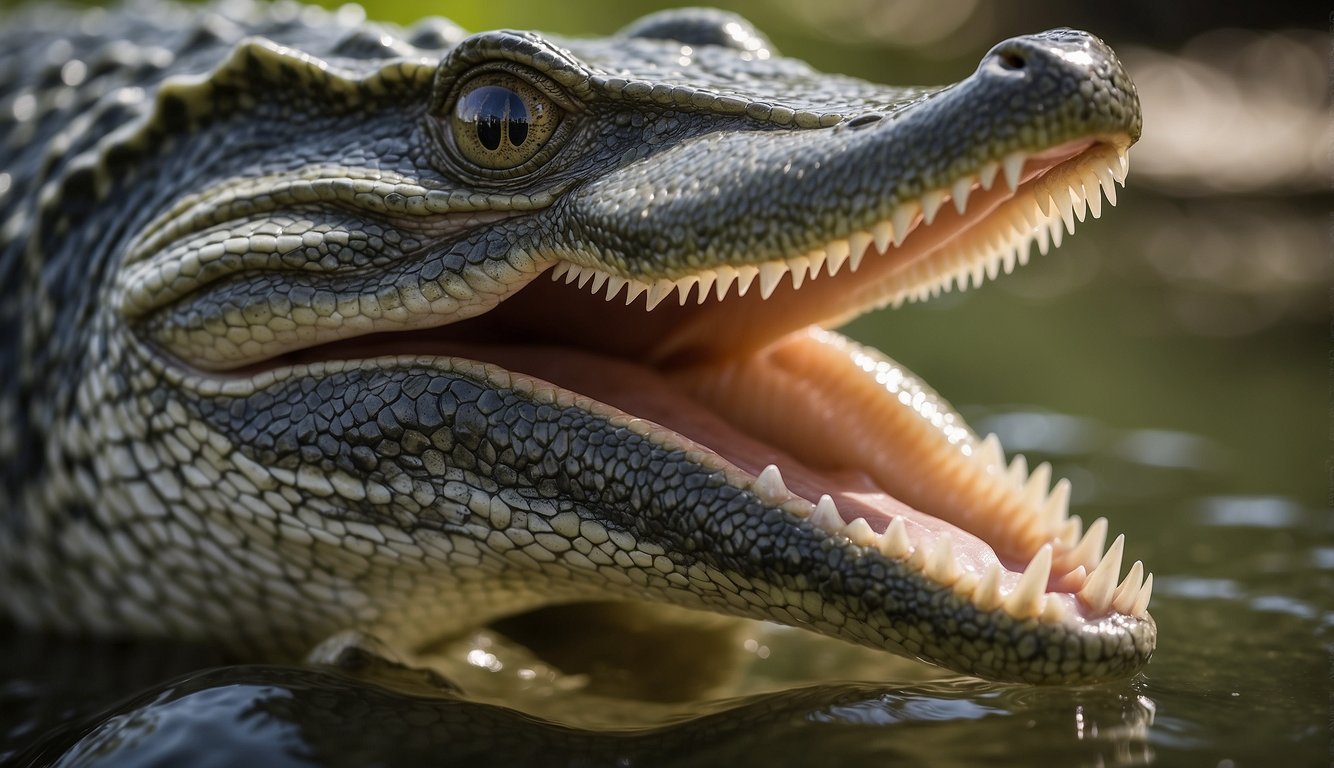 Gharials' elongated jaws snap shut on a fish, showcasing their unique fish-filtering jaw design