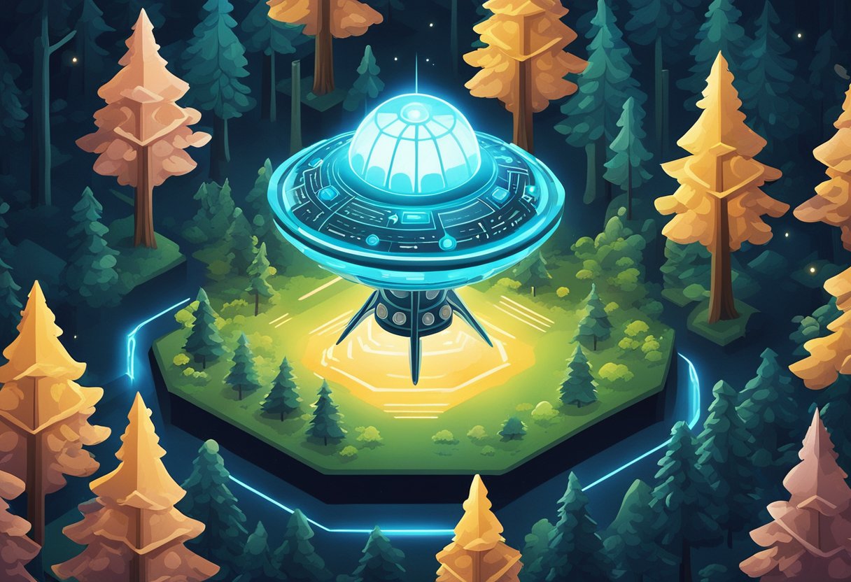A glowing UFO hovers over a dark forest, emitting beams of light and strange symbols