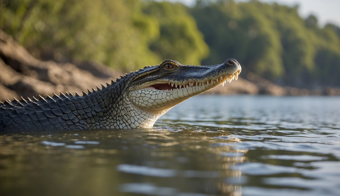Gharials rest on the riverbank, their long, slender jaws open wide, filtering water for fish.

Their unique jaw design is essential for their survival in their natural habitat