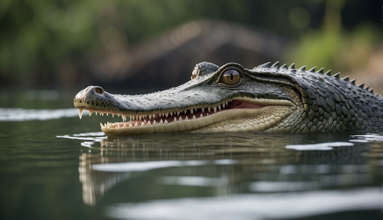 A gharial swims gracefully, its long, slender snout breaking the water's surface as it filters for fish
