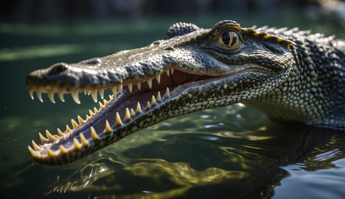 Gharials swim in a river, their long, narrow jaws open wide, revealing rows of sharp teeth.

They glide effortlessly through the water, filtering out fish with their unique jaw design