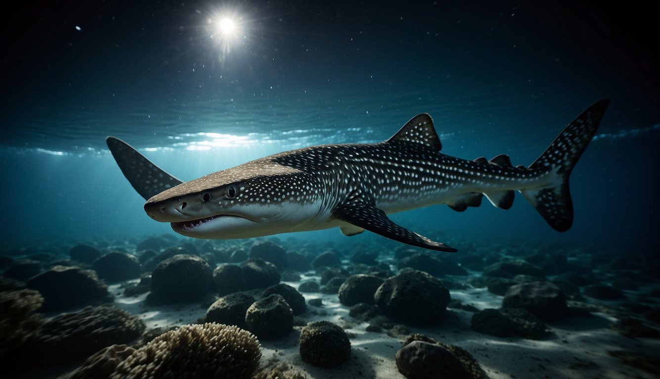 Zebra sharks glide through the dark ocean, their sleek bodies illuminated by the moonlight as they stealthily hunt for prey