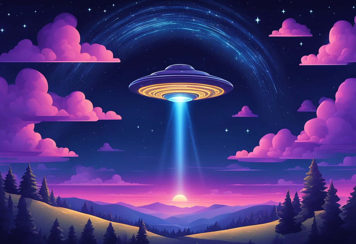 A dark, starry sky with a glowing UFO hovering above a tranquil landscape