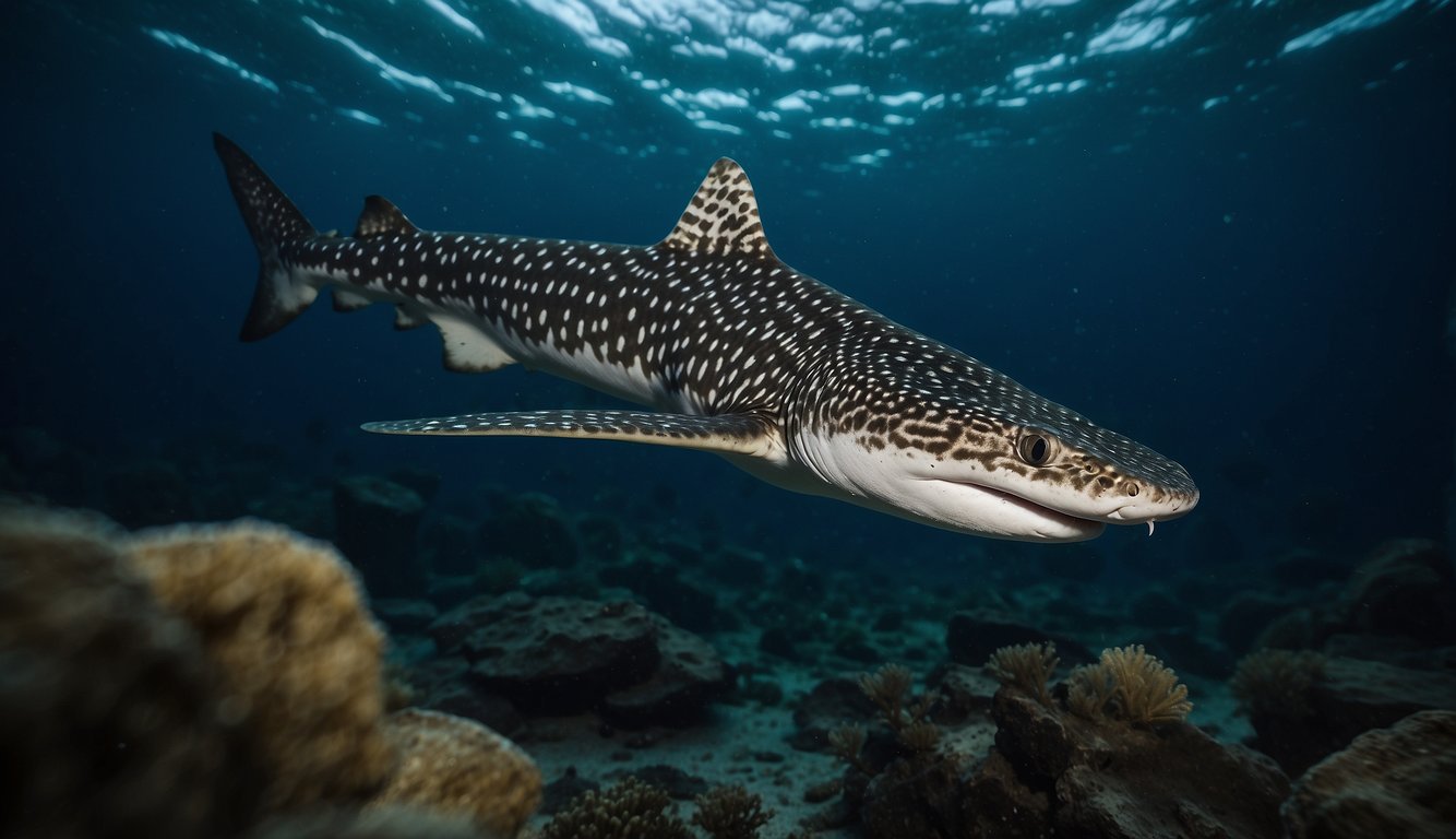 Zebra sharks glide through the dark waters, using their keen sense of smell to hunt for small fish and crustaceans.

Their graceful movements and striking patterns make for a captivating nighttime scene