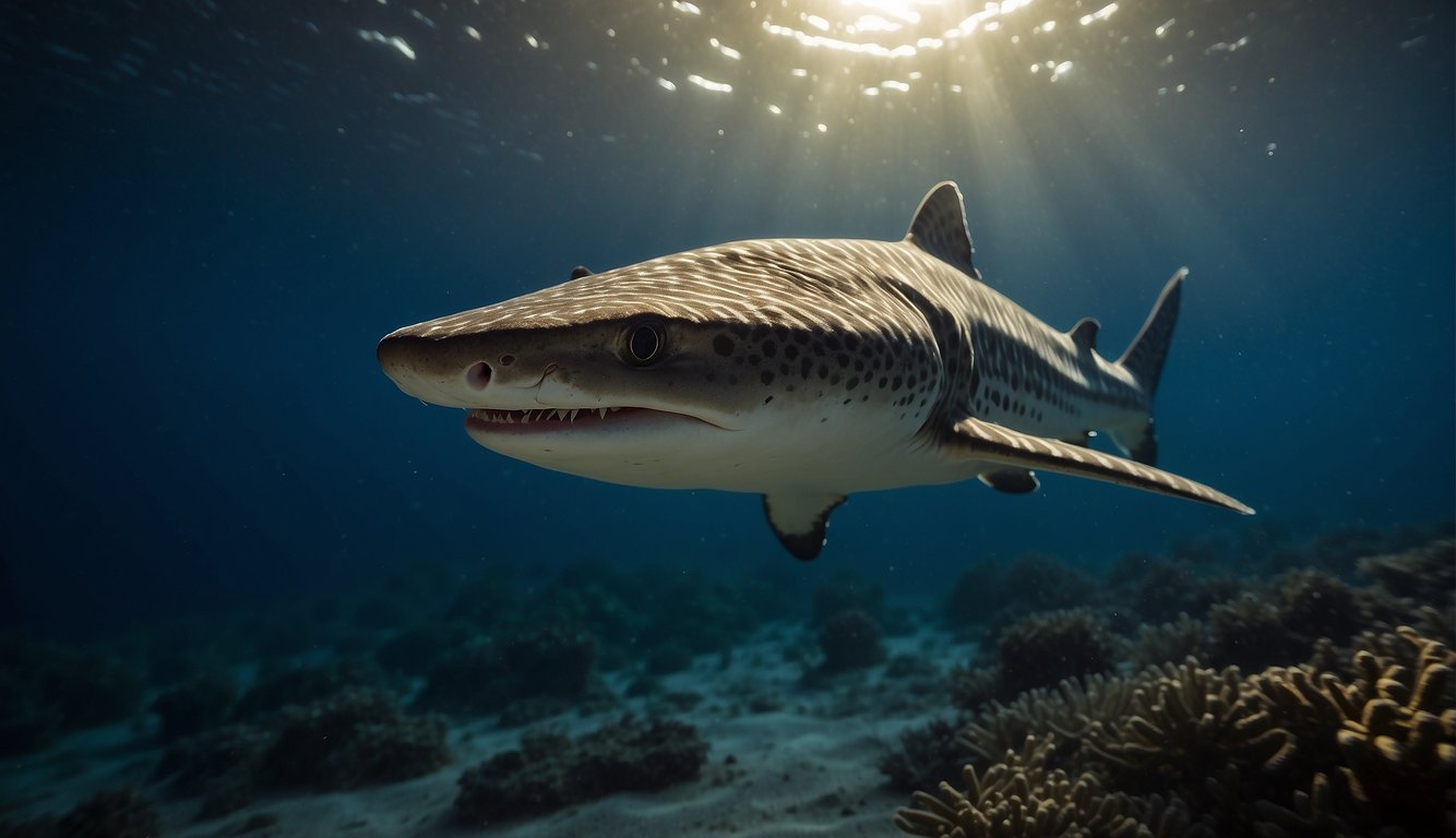 Zebra sharks glide through the dark ocean, their sleek bodies illuminated by the soft glow of moonlight.

They gracefully hunt for prey in the stillness of the night