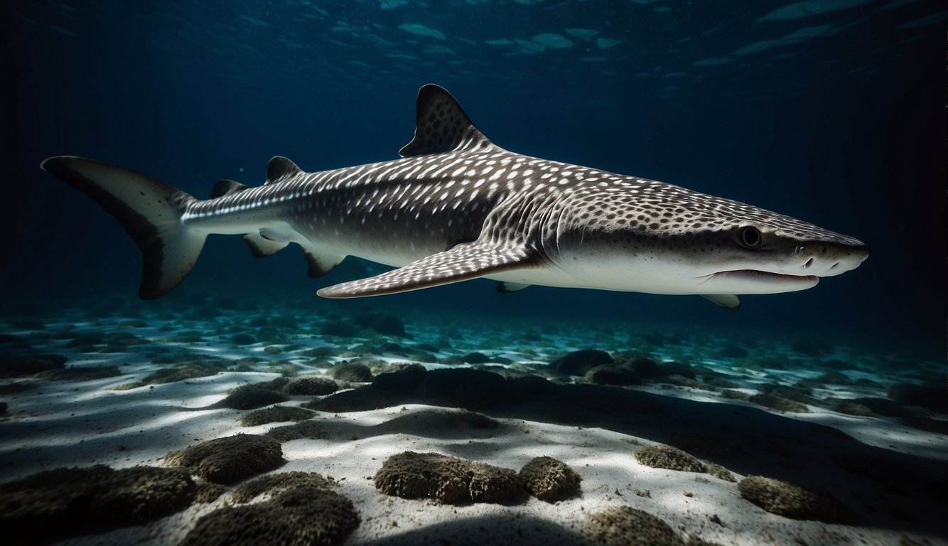 Zebra sharks glide through the dark waters, hunting for prey under the moonlit sky.

Their sleek bodies move gracefully as they search for food, their stripes blending seamlessly into the shadows of the ocean floor
