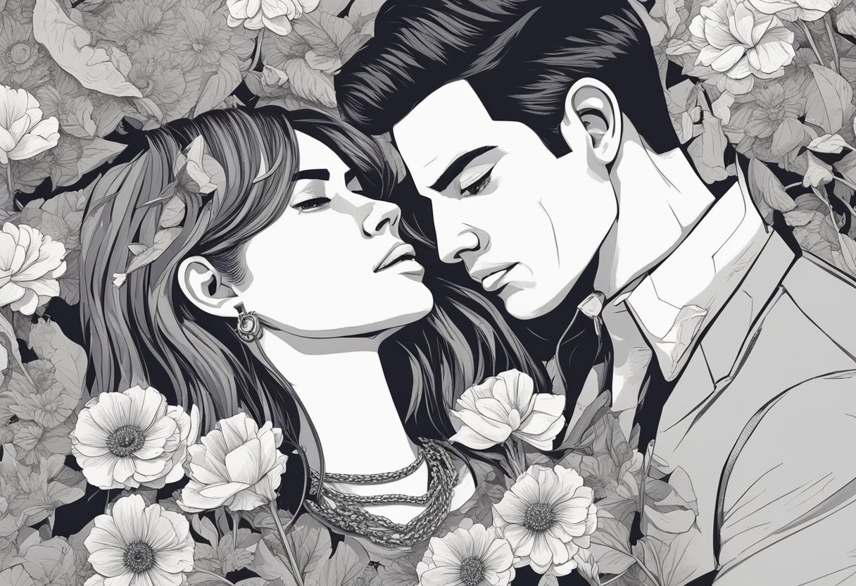 A torn photo of a couple, with the man's face scratched out, lies on a table surrounded by wilted flowers and a broken heart necklace