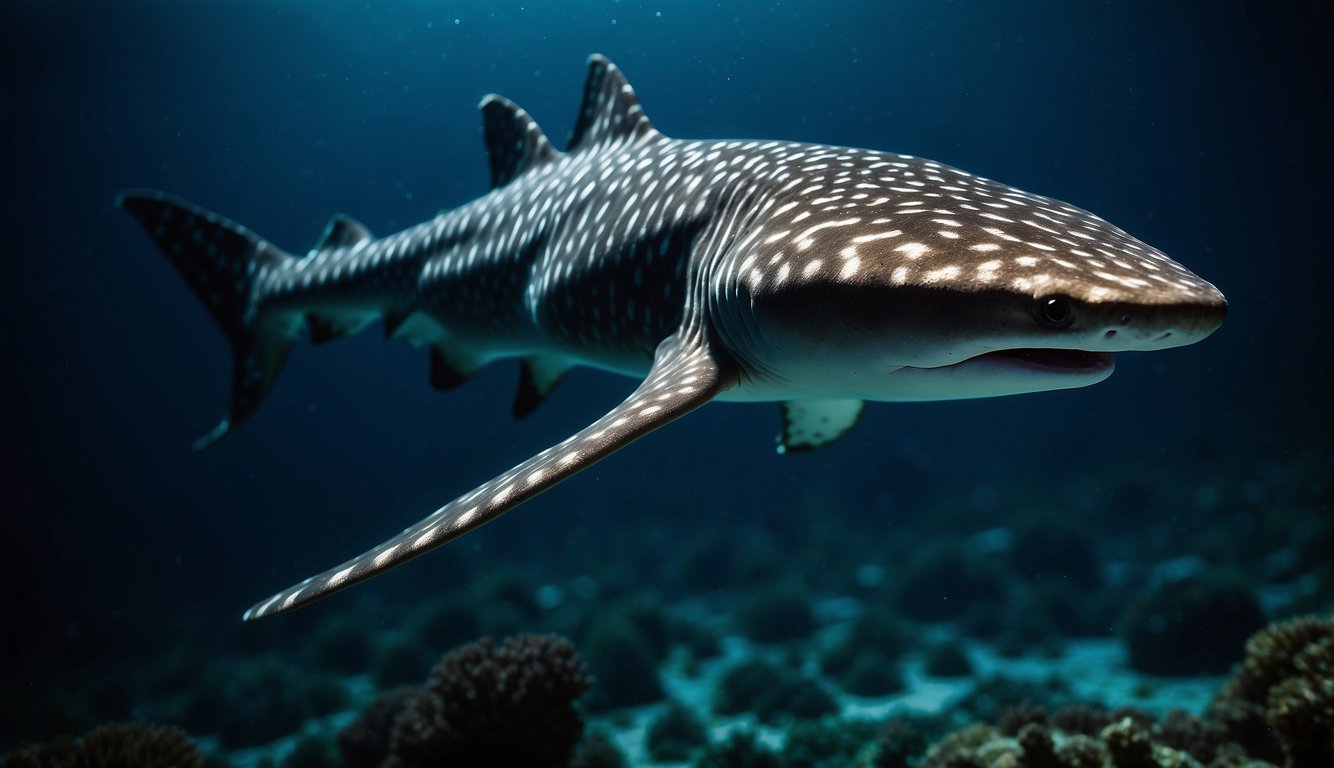 A zebra shark glides through the dark ocean, its sleek body illuminated by the glow of bioluminescent creatures.

It stealthily hunts for prey, its sharp teeth ready to strike