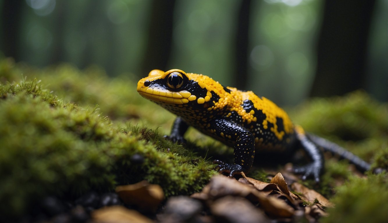 A fire salamander secretes toxic skin secretions while hiding in the damp, moss-covered forest floor