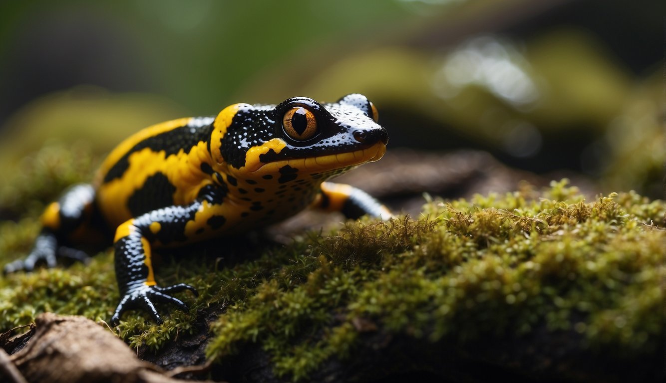 A fire salamander releases toxic skin secretions while interacting with its environment, showcasing the importance of conservation efforts