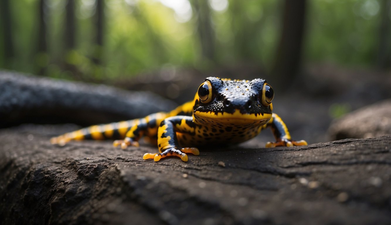 A fire salamander secretes toxic skin secretions while being approached by curious onlookers