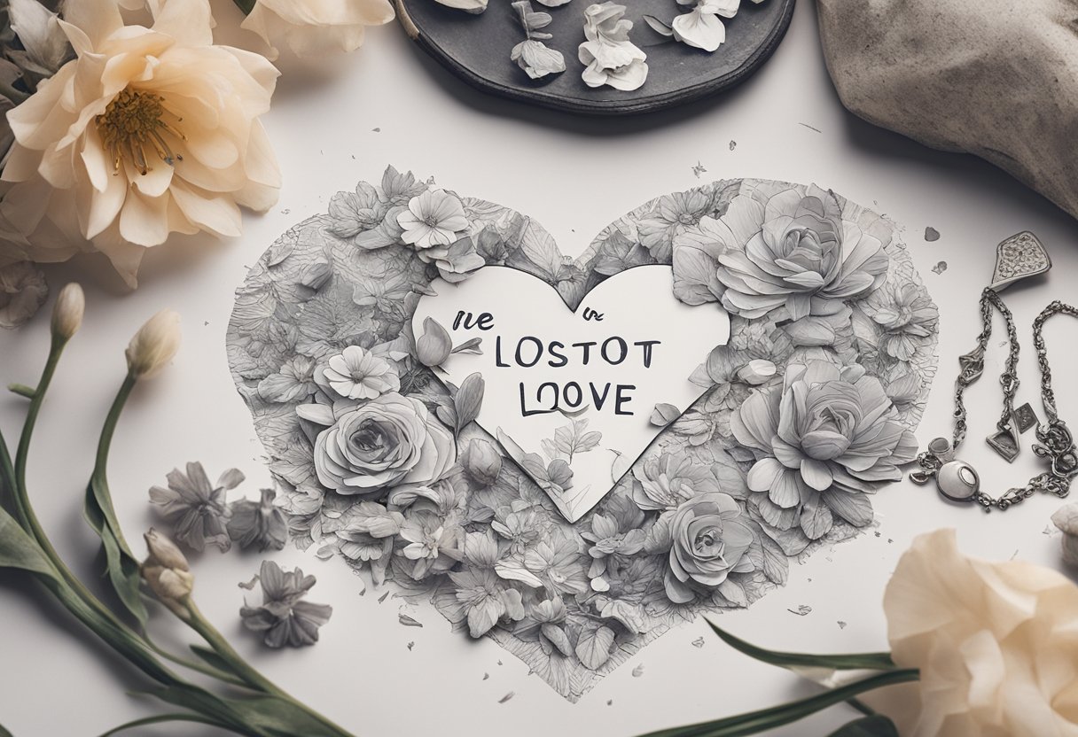 A torn photo lies on a table, surrounded by wilted flowers and a discarded necklace. A quote about lost love is scribbled on a piece of paper nearby