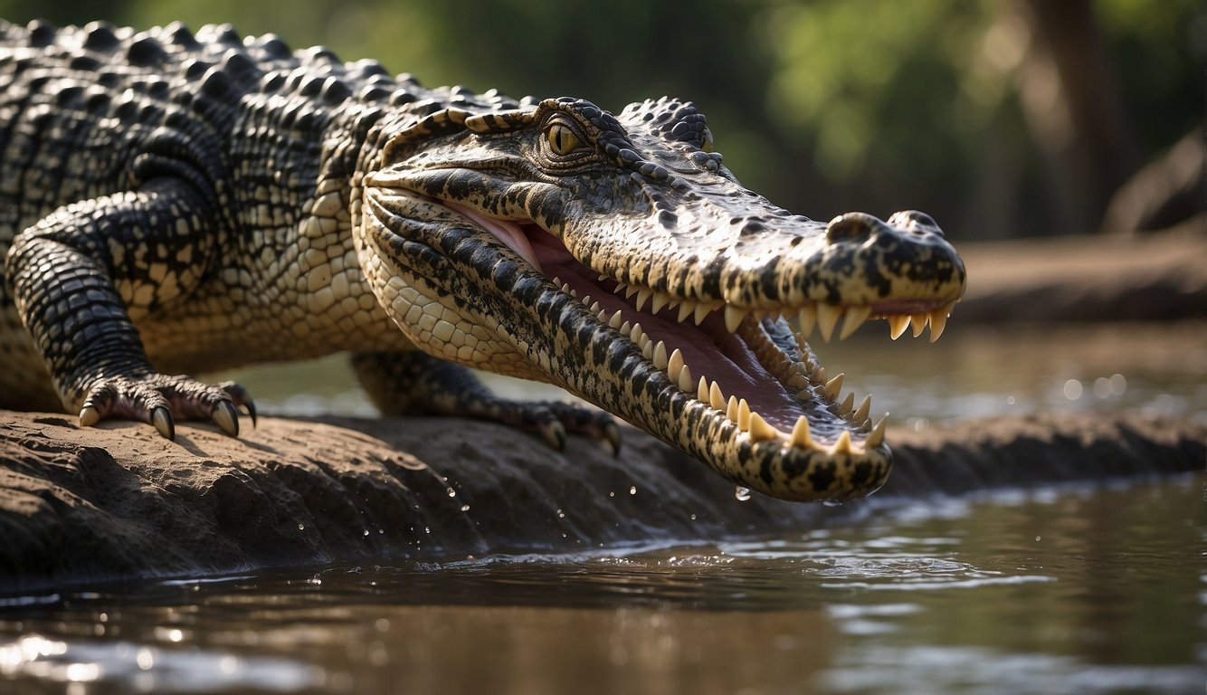 A Nile crocodile uses its powerful jaws to drag a branch into the water, creating a platform to catch birds