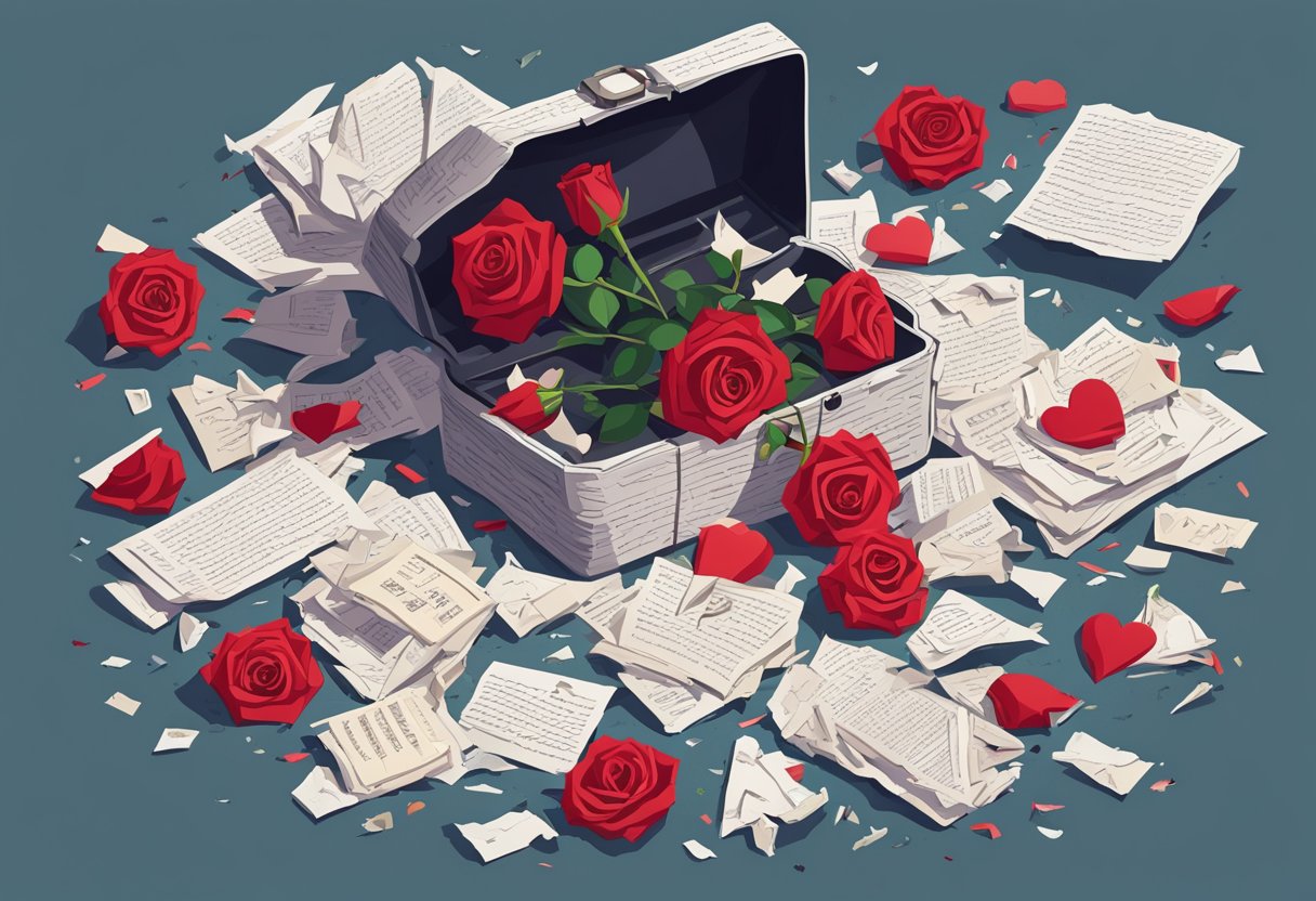 A pile of torn love letters and crumpled photographs scattered on the floor, a shattered heart-shaped locket, and a single red rose wilting in a vase