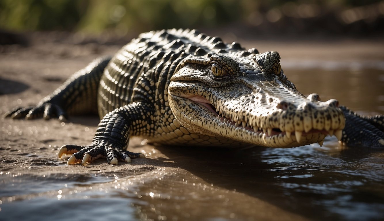 A Nile crocodile using its powerful jaws to manipulate a stick, demonstrating their clever use of tools