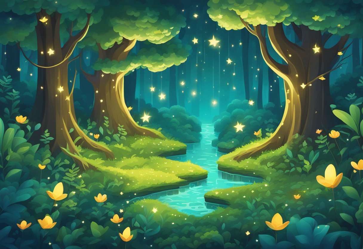 A magical forest with glowing fireflies and twinkling stars, surrounded by ancient trees and a sparkling stream