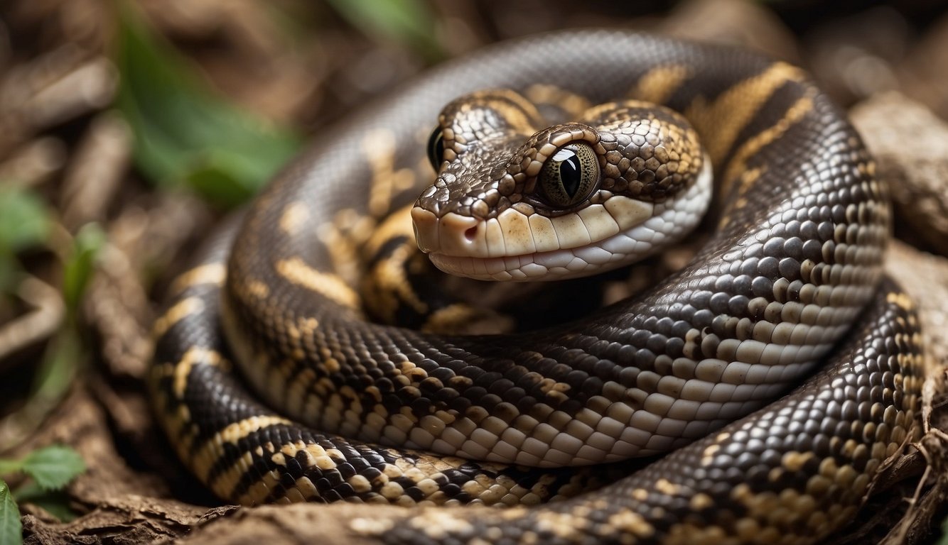 A female boa constrictor coils around her eggs, then gives birth to live baby snakes