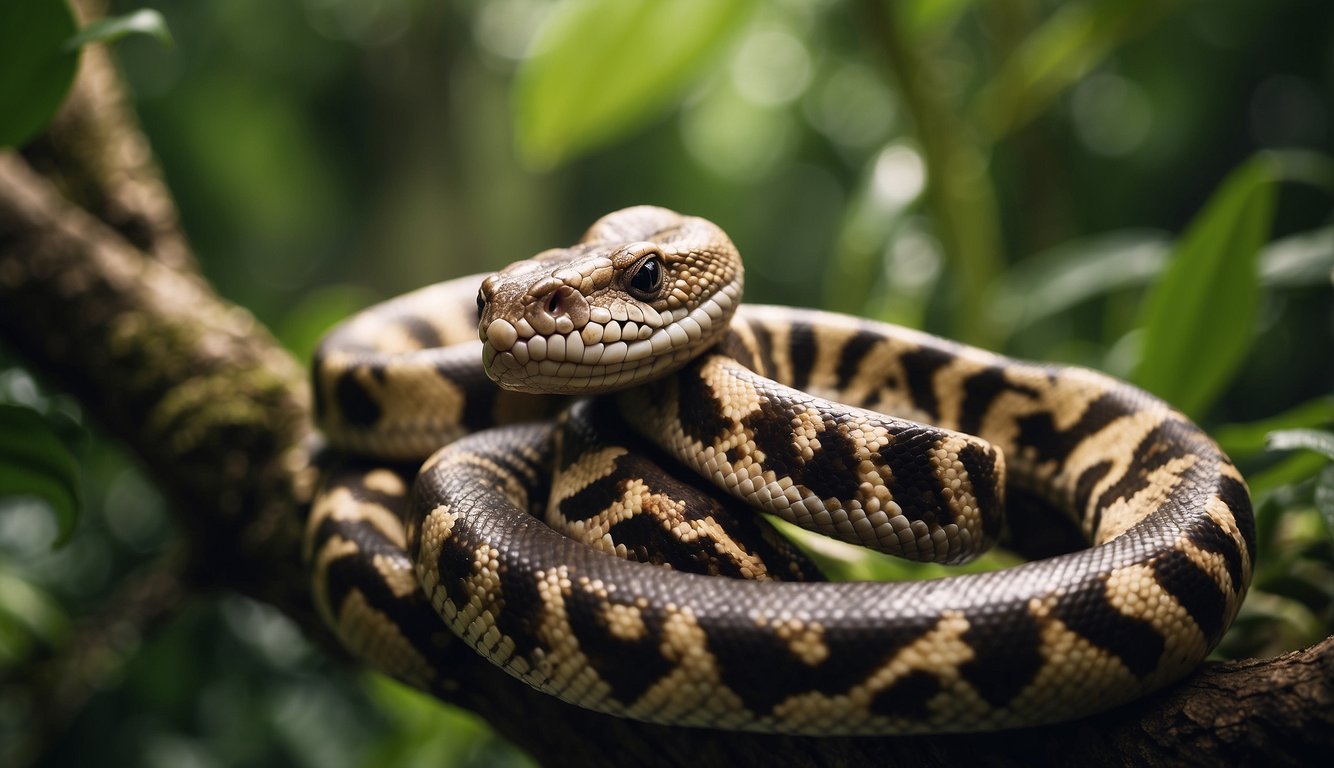 A boa constrictor gives birth to live young, coiled around a branch in a lush jungle setting