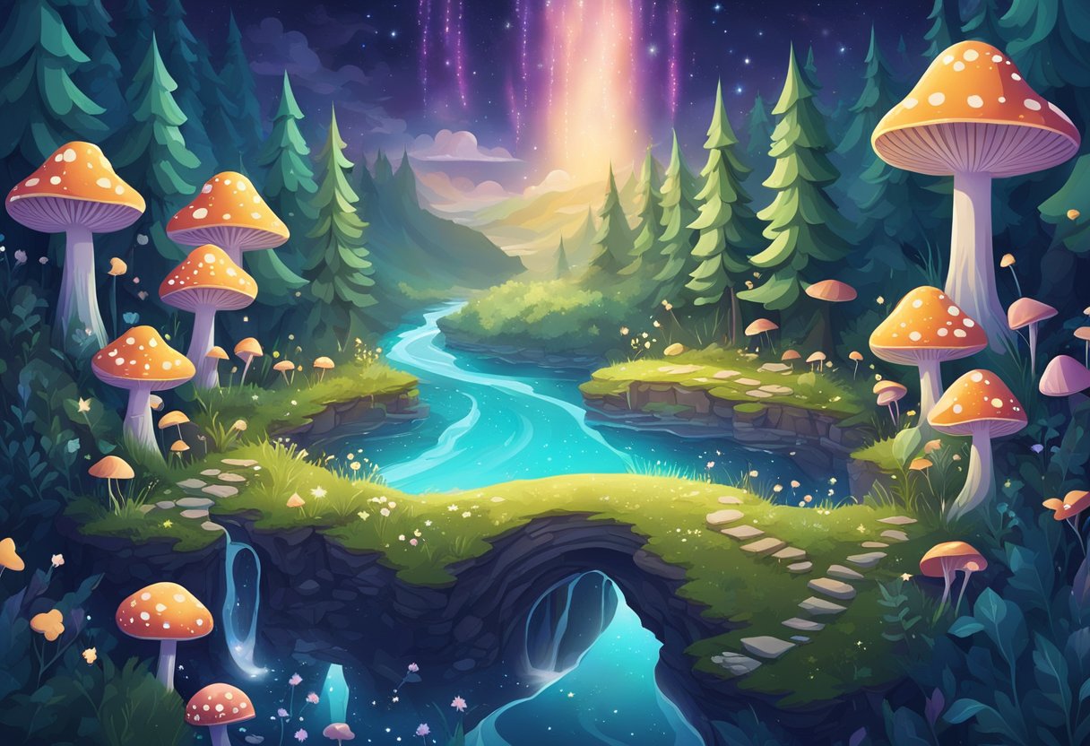 A magical forest with glowing mushrooms, a flowing river, and a starry sky. Fairy dust sparkles in the air as quotes float around