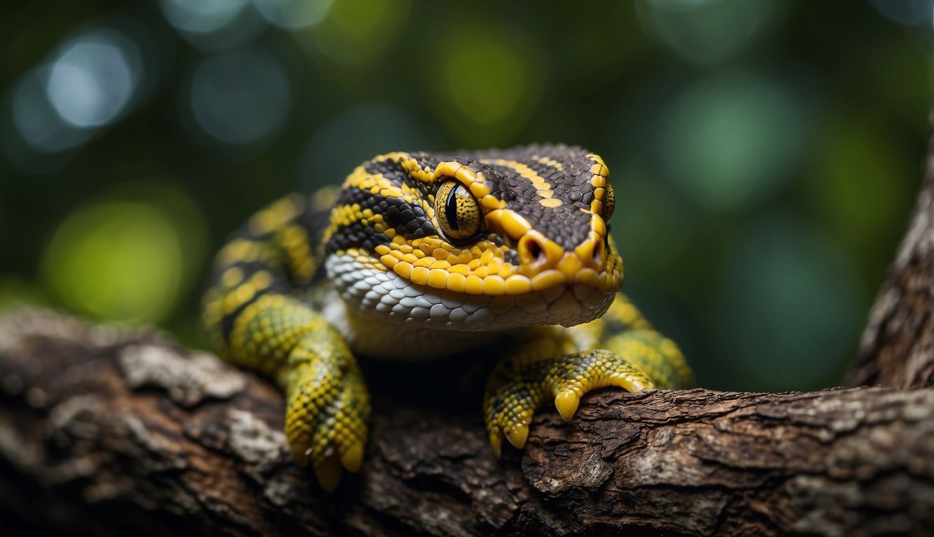 A bush viper coils around a tree branch, eyes fixed on prey below.

Its body blends into foliage, ready to strike