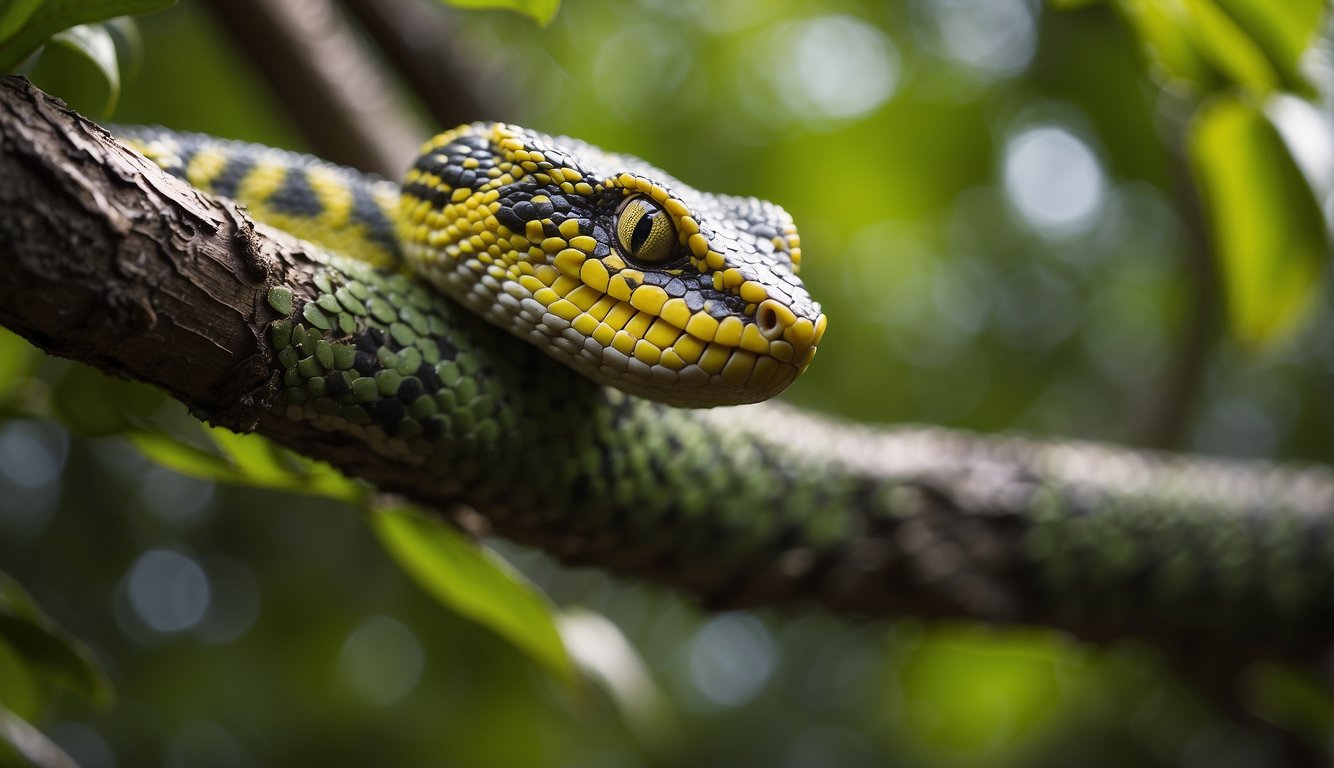A bush viper coils around a tree branch, waiting to strike at passing prey with lightning speed