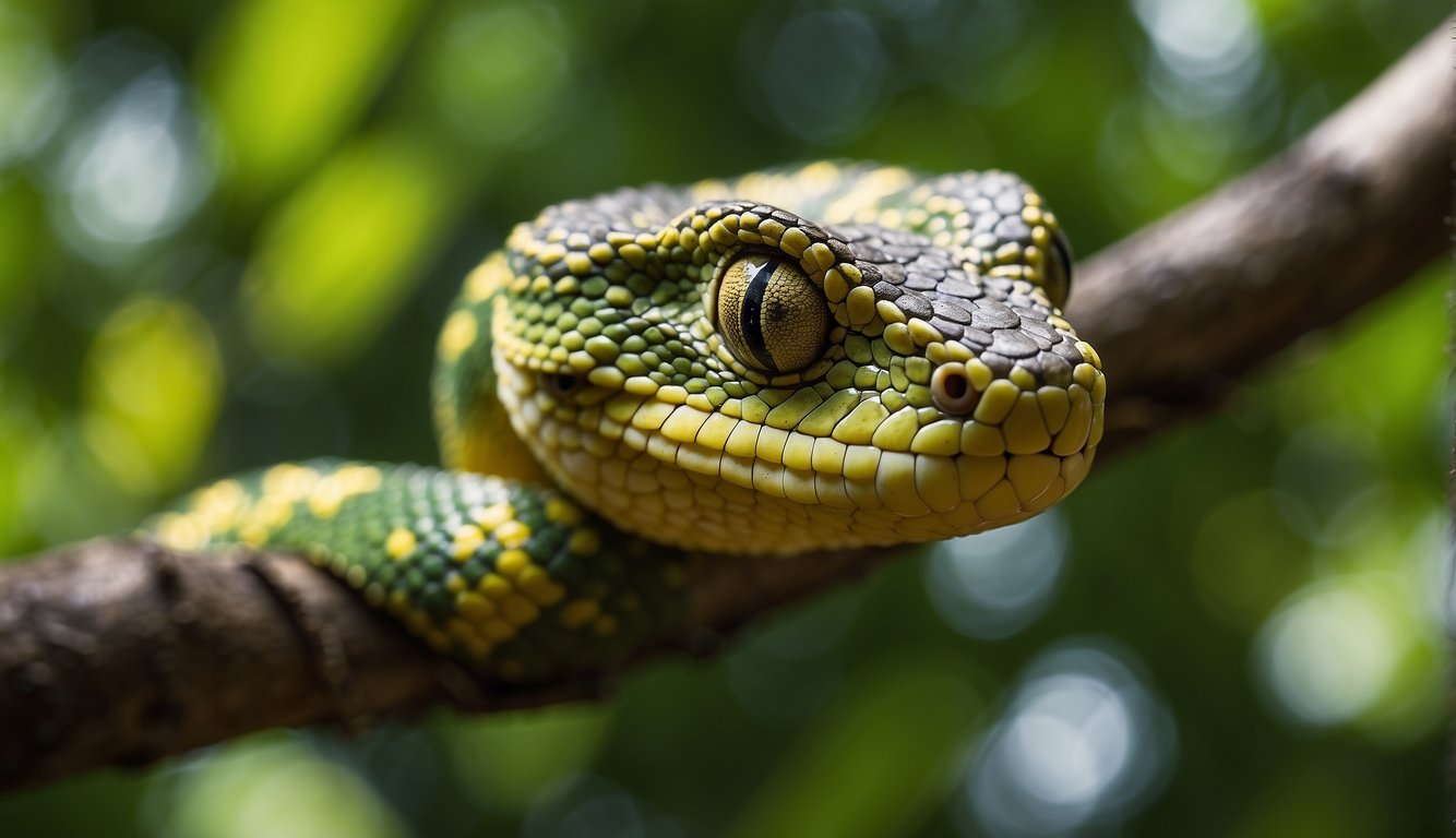 A bush viper coils around a tree branch, awaiting prey with its striking green and yellow scales blending into the foliage