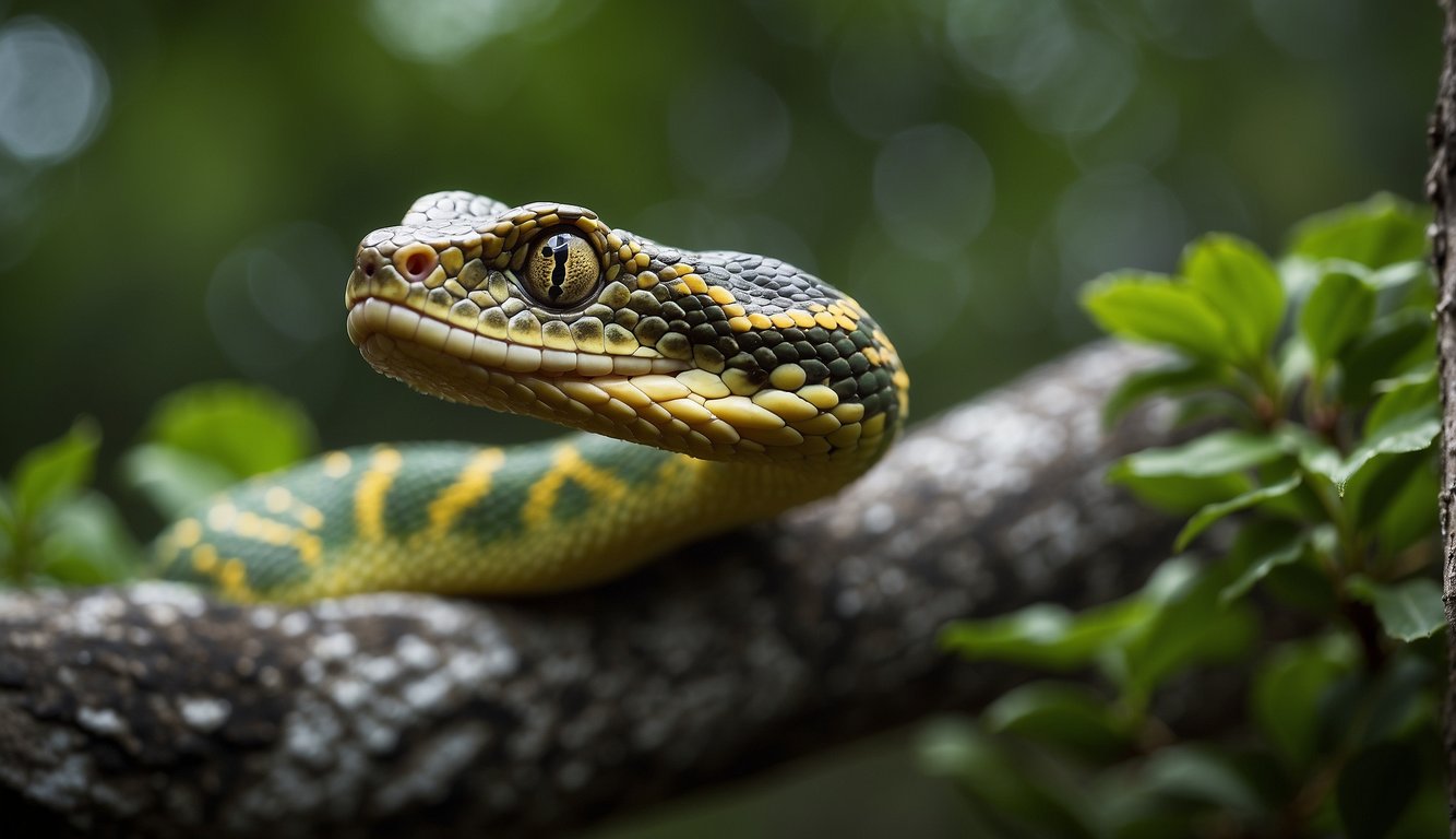 A bush viper hangs from a tree, poised to strike at its prey with its long, curved fangs.

The snake's body is coiled, ready for a swift and deadly attack