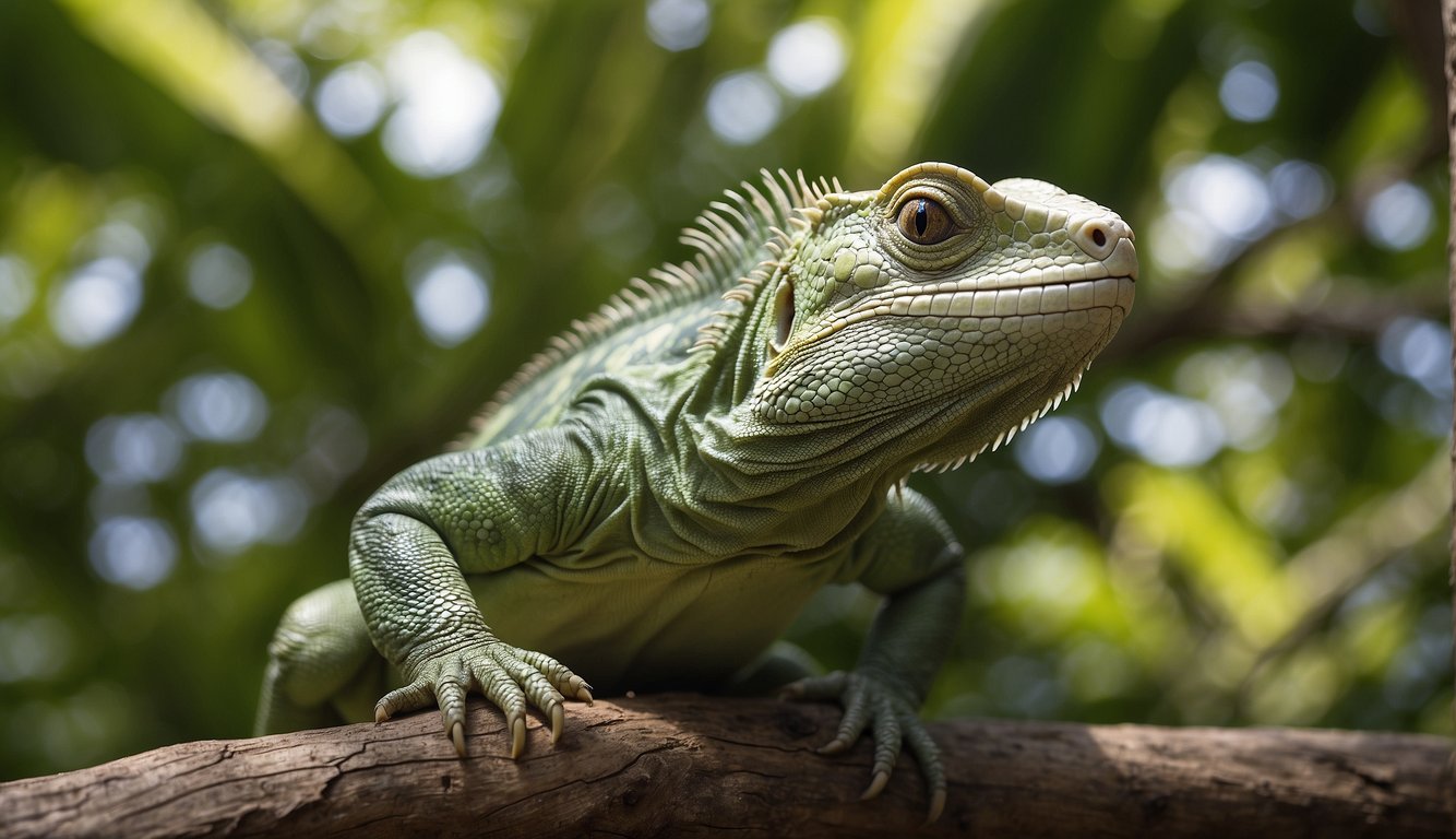 Fiji Banded Iguanas gracefully navigate through lush tree branches, showcasing their agile and acrobatic movements in their natural habitat