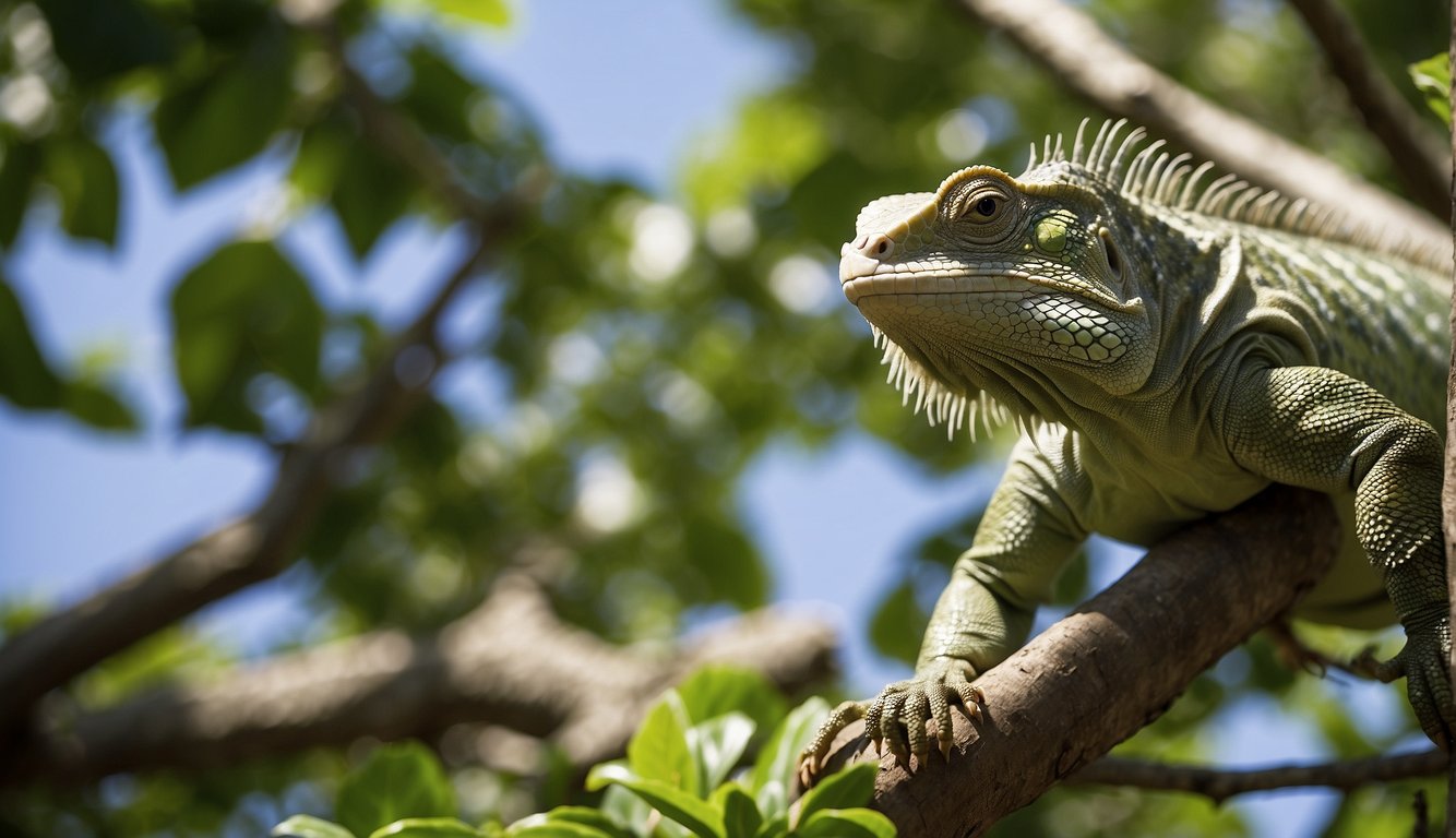 Fiji Banded Iguanas leap and twist among lush tree branches, showcasing their impressive aerial agility
