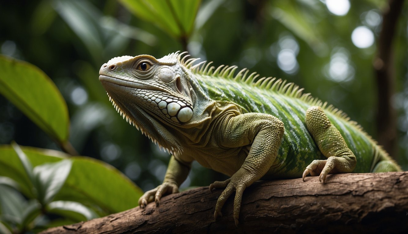 The Fiji Banded Iguana gracefully navigates through the lush treetops, skillfully foraging for fruits and leaves with agile movements