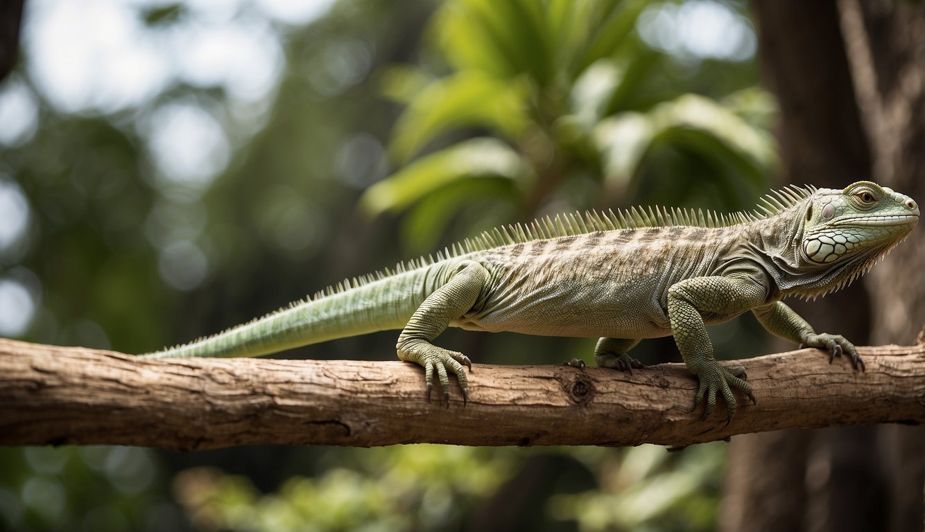 The Fiji Banded Iguanas gracefully leap from branch to branch, showcasing their arboreal acrobatics with agile movements and impressive precision