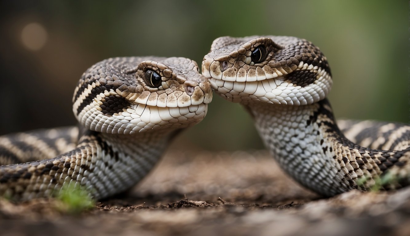 Two rattlesnakes facing each other, one shaking its rattle while the other listens and responds with its own rattle